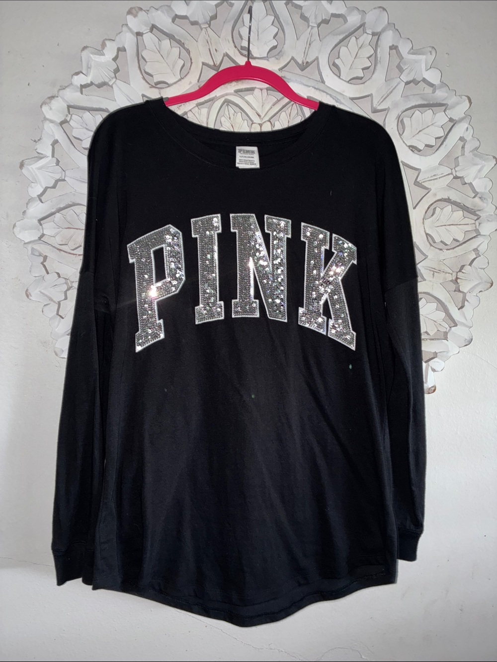 PINK Victoria's Secret Black Long Sleeve Top with Silver Sequin Logo